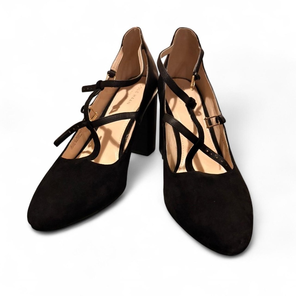 Cole Haan Black Suede & Leather Strappy Rheba Pumps — Women’s 8.5M